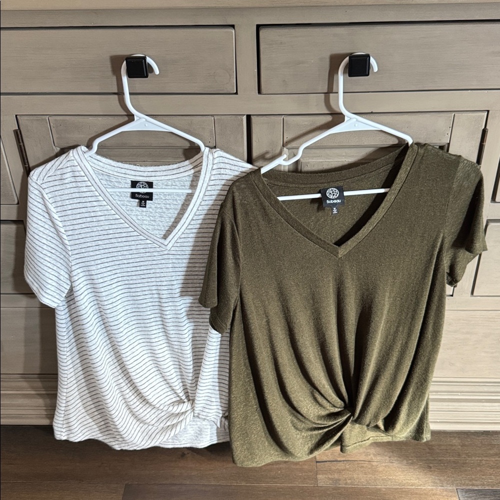Set of 2 Front Knot Tee Shirts (Dark Olive/Brown &Cream Striped)